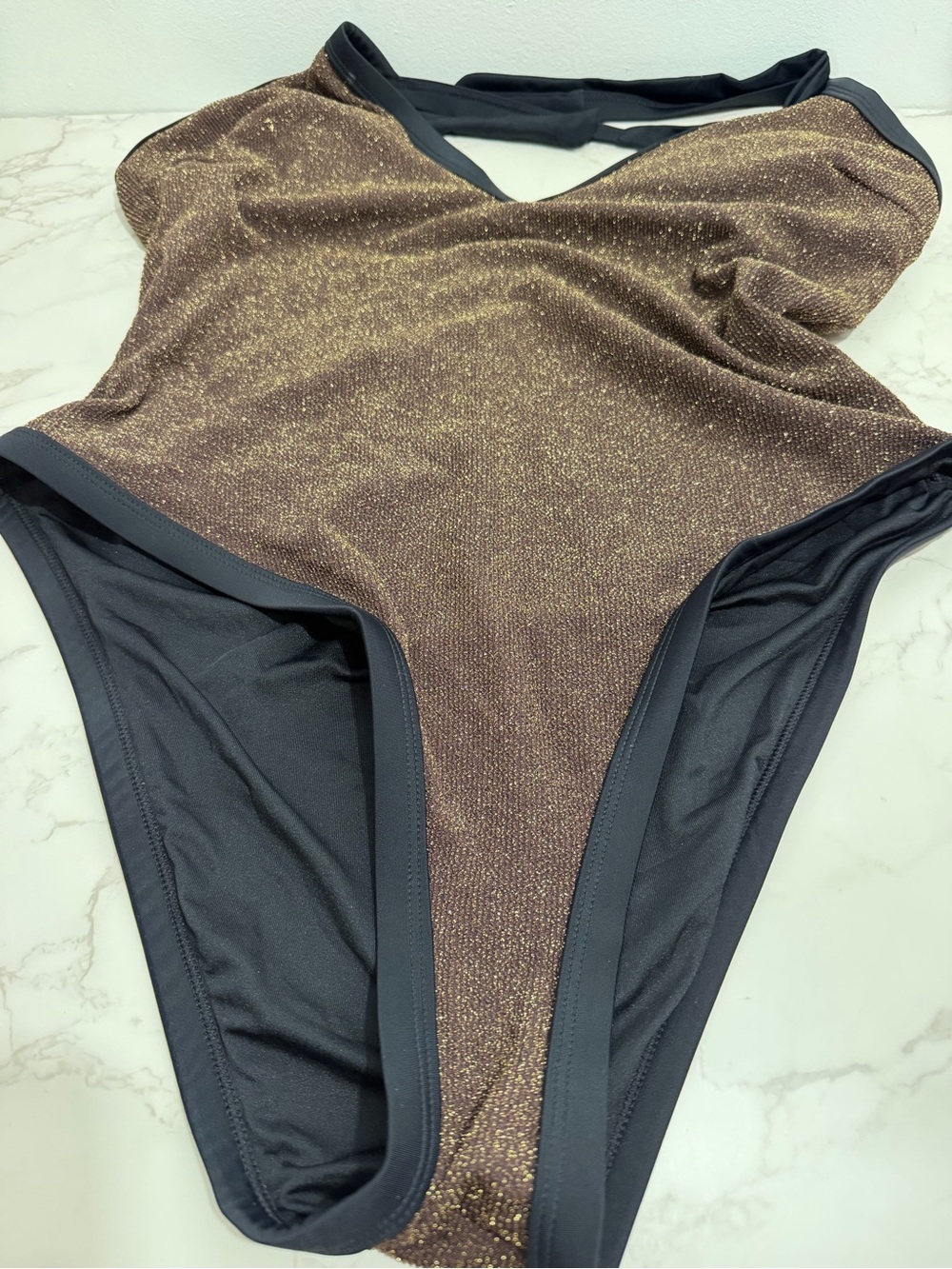 NWT Cupshe Shimmery Glitter Espresso One-Piece Swimsuit with Black Trim - XL - Picture 7 of 10